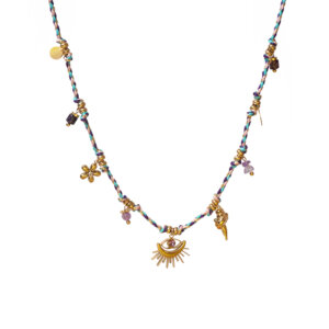 Vintage Boho Pendant Braided String Necklace with Gold Accents