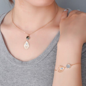 Stunning MOP Copper Gold Necklace and Bracelet Set with Waterdrop Accents