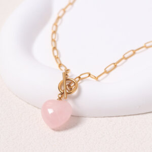 Modern Rose Quartz Heart Pendant Necklace in Stainless Steel