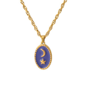 Enamel 18K Gold Plated Stainless Steel Crescent Moon Star Necklace