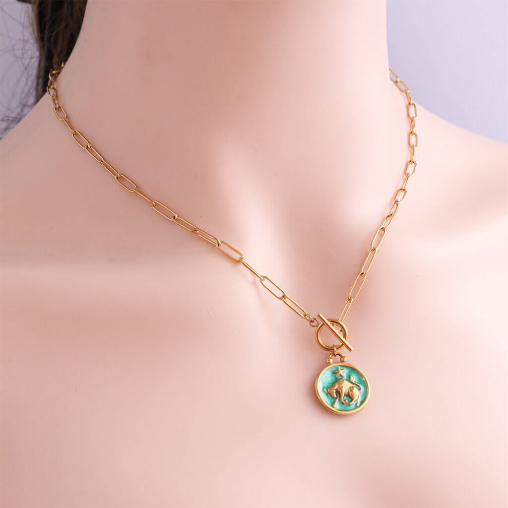 Enamel Taurus Zodiac Necklace in 18K Gold Plated Stainless Steel