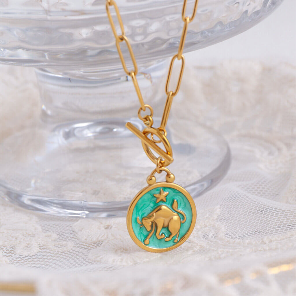 Enamel Taurus Zodiac Necklace in 18K Gold Plated Stainless Steel