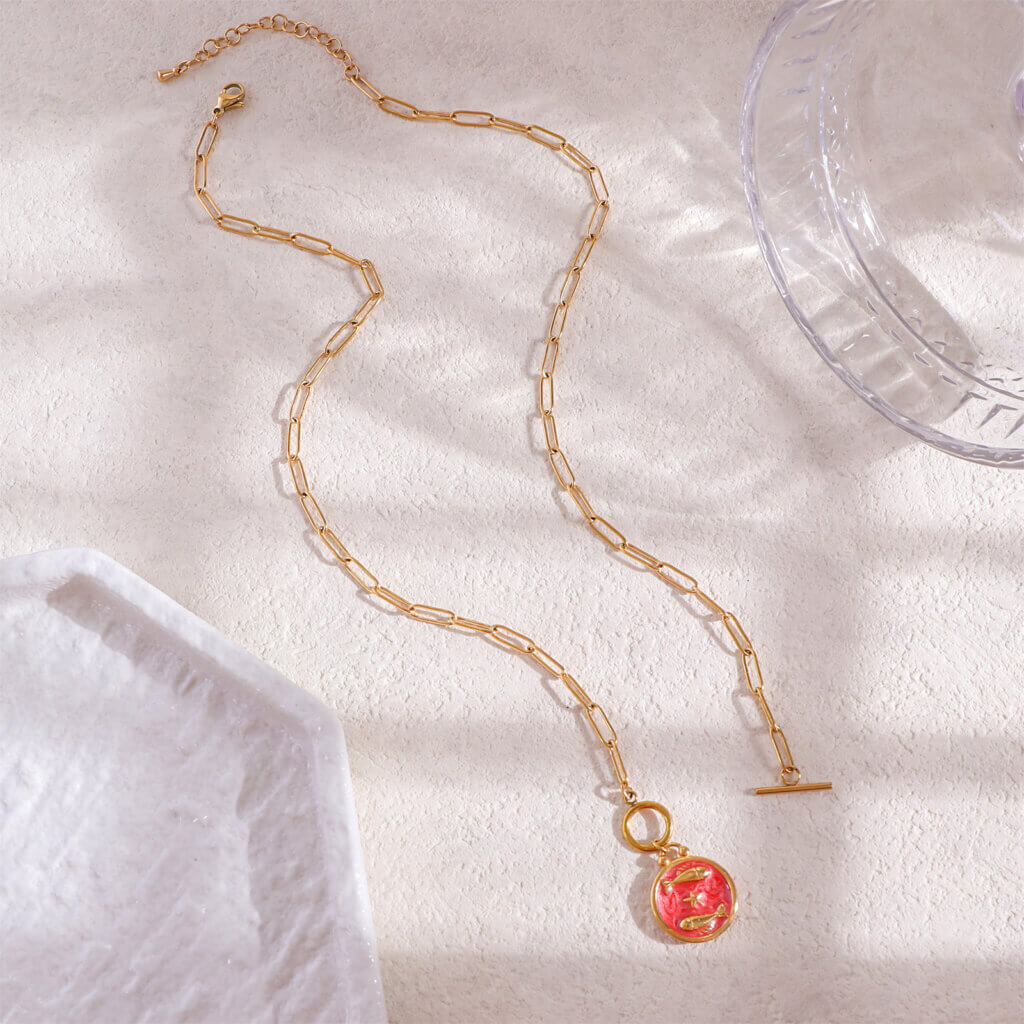 Enamel Pisces Zodiac Necklace in 18K Gold Plated Stainless Steel