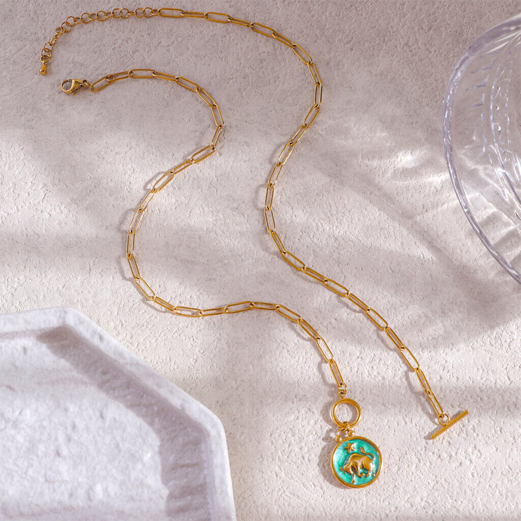 Enamel Taurus Zodiac Necklace in 18K Gold Plated Stainless Steel