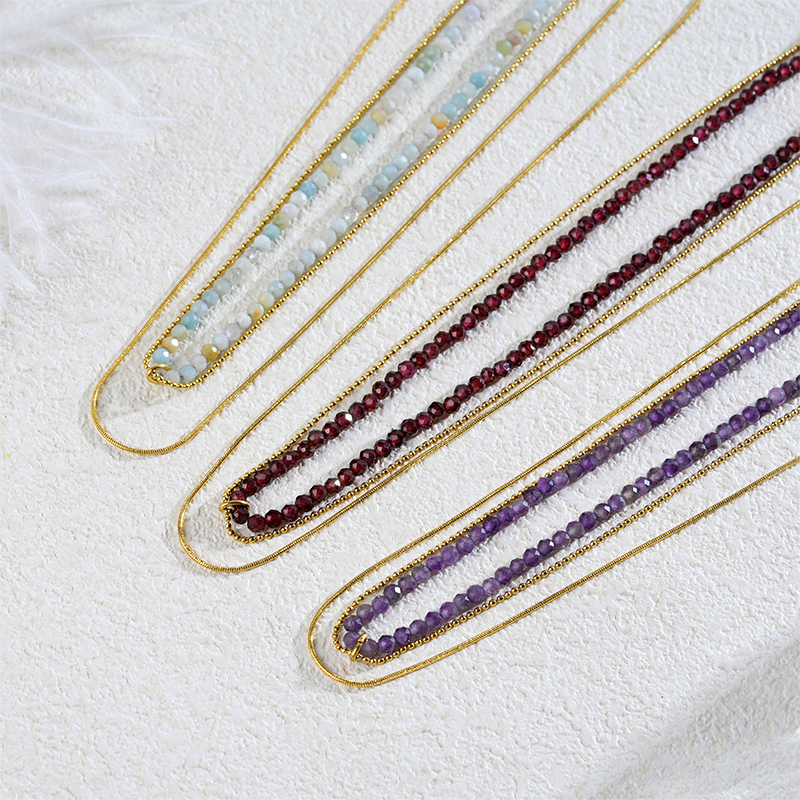 18K Gold Plated Triple Layer Natural Stone Bead Necklace