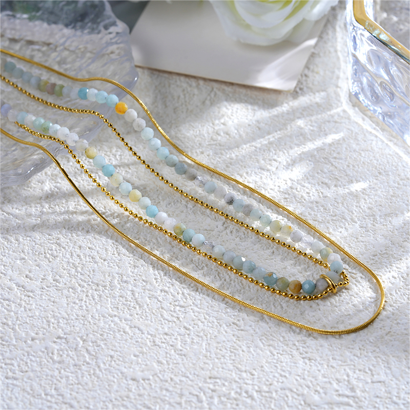 18K Gold Plated Triple Layer Natural Stone Bead Necklace
