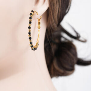 Bold 18K Gold Plated Stainless Steel Black Onyx Hoop Earrings