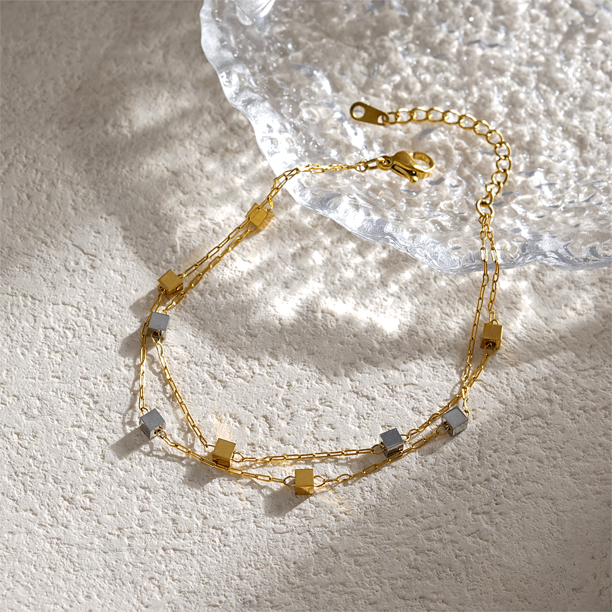 18K Gold Plated Double Layer Square Charm Bracelet Collection