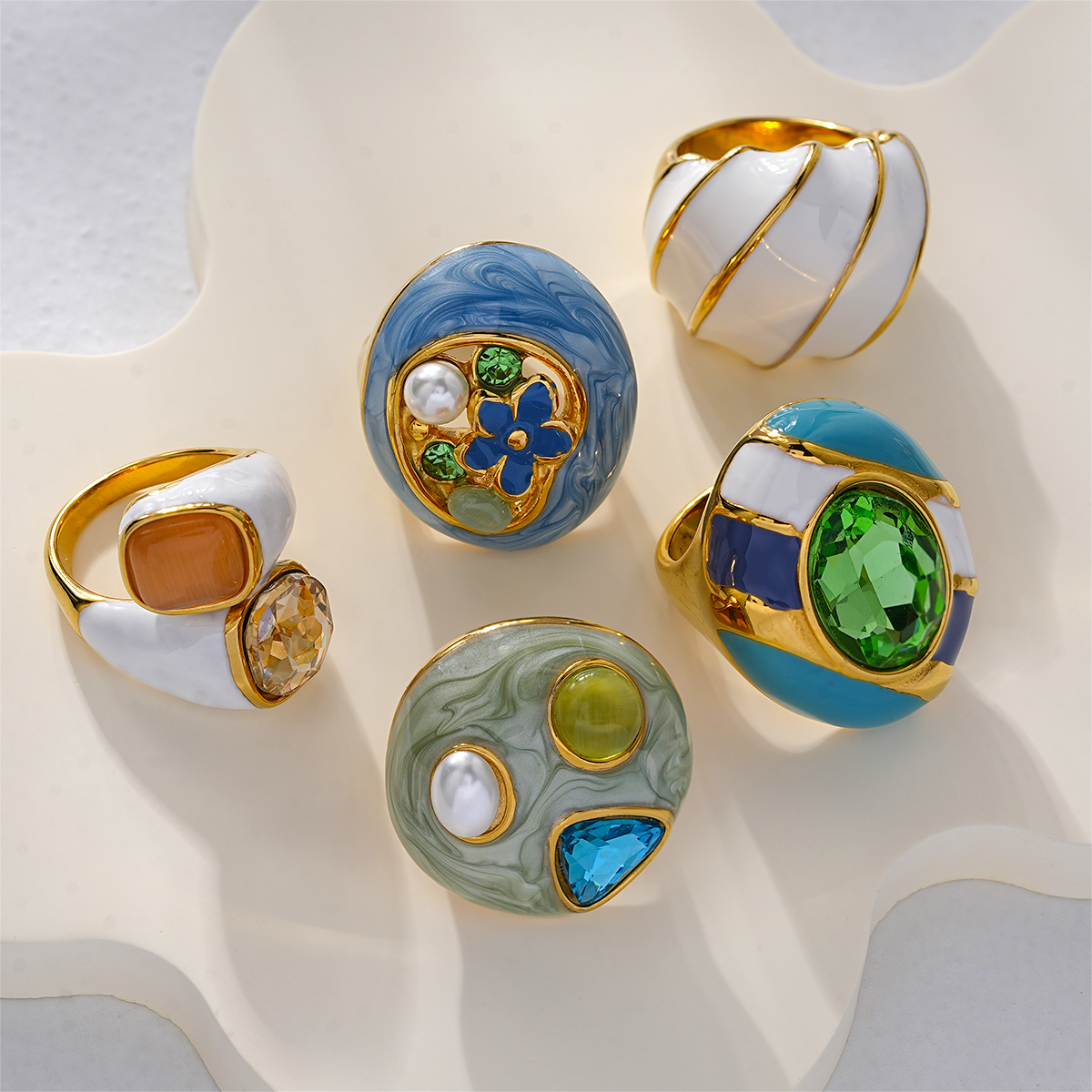 Contemporary designer enamel statement rings collection art deco inspired