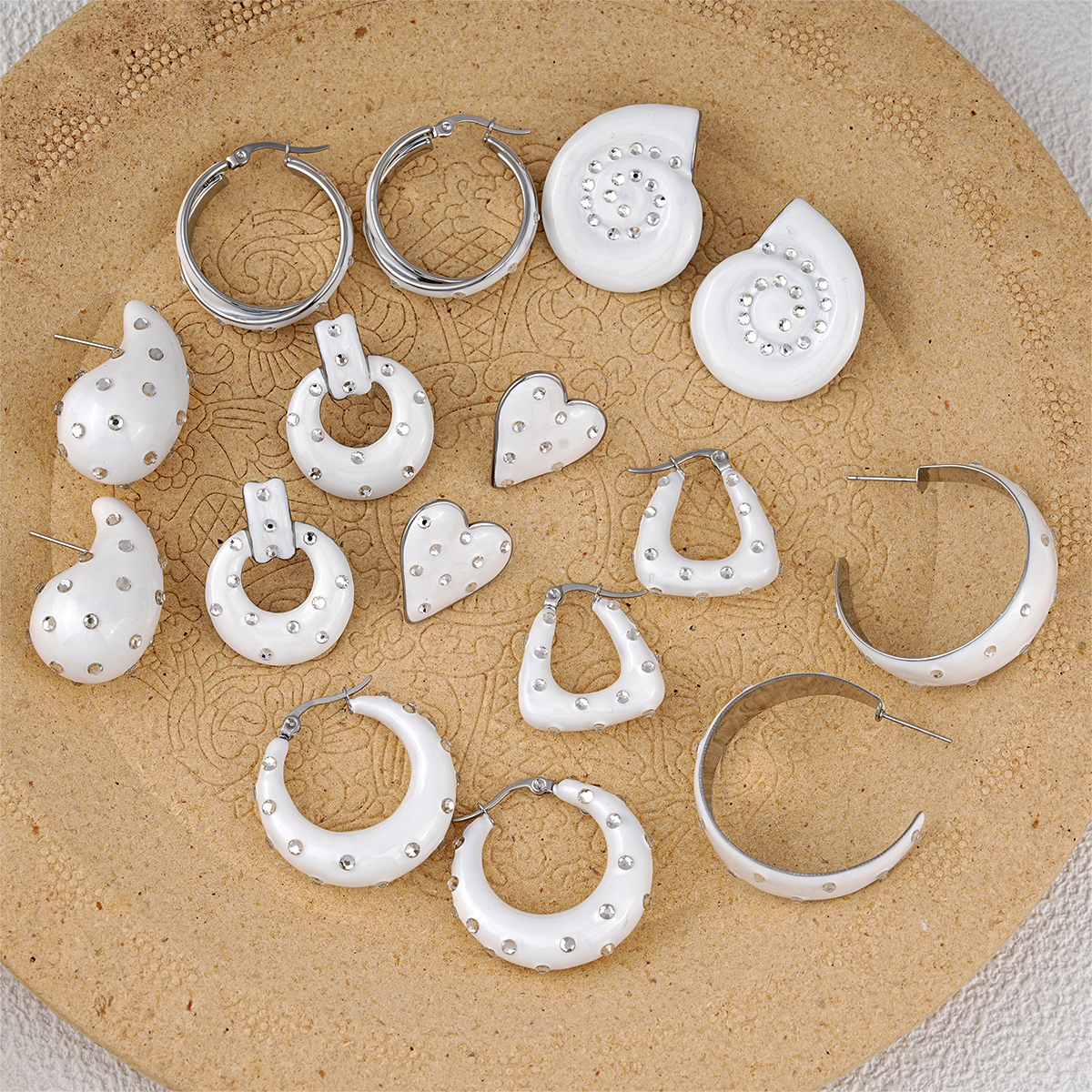 Rhinestone White Enamel Earrings Collection Designer Style