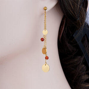 Red Aventurine Beads Long Chain Earrings With Gold Disc