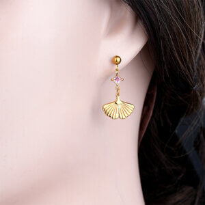 Nature Inspired Pink Zircon Ginkgo Leaf Earrings in Gold Plated Steel
