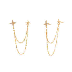 Double Piercing Chain Earrings – Elegant Layered Design in Stainless Steel Gold