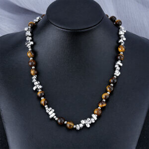 Mens Beaded Necklace Tiger Eye Stone Stainless Steel Modern Style