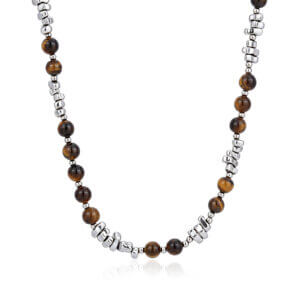 Mens Beaded Necklace Tiger Eye Stone Stainless Steel Modern Style