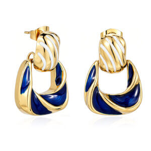 Blue White Enamel Gold Plated Drop Earrings Modern Art Style